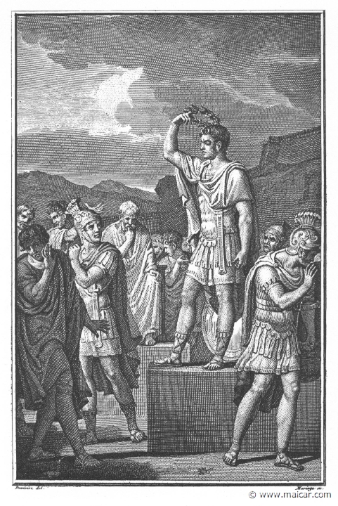 villenave02257.jpg - 02257: Cipus. "Then Cipus spoke again and said: 'Him whom you seek you hace'; and removing the wreath from his head, while the poeple sought to stay him, he showed to them his temples marked with the two horns." (Ov. Met. 15.609).Guillaume T. de Villenave, Les Métamorphoses  d'Ovide (Paris, Didot 1806–07). Engravings after originals by Jean-Jacques François Le Barbier (1739–1826), Nicolas André Monsiau (1754–1837), and Jean-Michel Moreau (1741–1814).